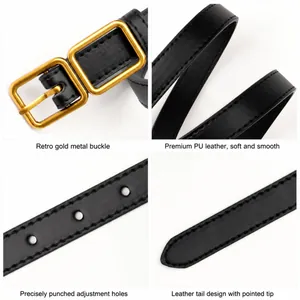 Black PU leather belt with vintage gold double buckle for women jeans and coats
