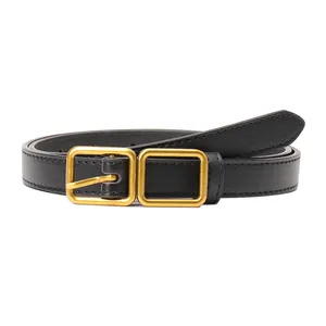 Slim black leather belt for women featuring a gold matte double rectangle buckle design