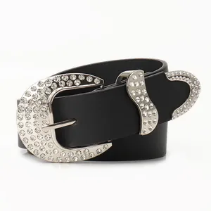 Y2K Vintage Western Rhinestone Belt For Women Faux Leather Waist Belt With Sparkly Alloy Buckle For Jeans Dress Black