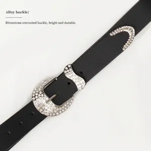 Y2K style leather belt for women featuring sparkling rhinestones and western alloy buckle