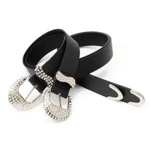 Western Y2K black leather belt with sparkling rhinestone buckle for women's outfits