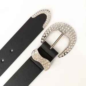 Y2K vintage black leather belt with sparkling rhinestones and a western silver buckle