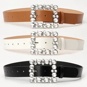 Women Fashion Rhinestone Square Buckle Belt PU Leather Waist Strap for Jeans Dresses Elegant Decorative Accessories