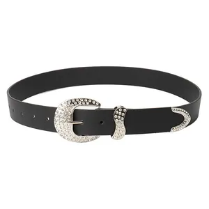 Retro Y2K black faux leather belt for women with sparkling rhinestone horseshoe buckle