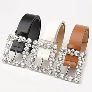 Women's fashion belt with sparkling rhinestone square buckle in black, white and brown