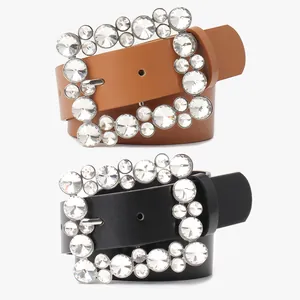 Fashion leather belts for women with luxury rhinestone rectangle buckles in black and brown
