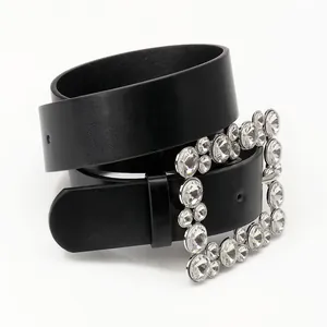 Women's black leather belt with a luxury square rhinestone buckle for stylish dresses
