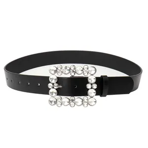 Women's fashion black leather belt with oversized square rhinestone buckle for dresses