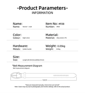 Detailed size chart for women PU belt featuring alloy bow buckle and dimensions info