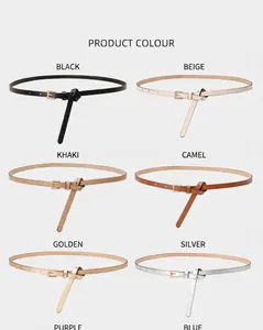 Detalle de ocho cinturones finos para mujer en varios colores con hebilla de metal