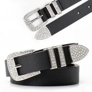 Women Western Bling Rhinestone Belt Faux Leather Rivet Pin Buckle Waist Strap For Jeans Dark Streetwear Fashion Accessory