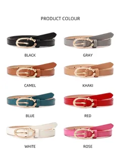 Multiple colors of women's skinny PU leather belts with gold C-shaped bow buckle