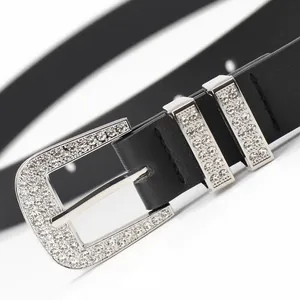 Studded rhinestone belt with square buckle for women, stylish black punk western waist strap