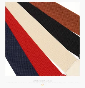 Detail view of woven elastic belts in navy, red, beige, and black with leather ends