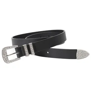 Women's black leather belt with silver rhinestone-studded buckle and tip on white background