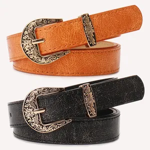 Ceinture Rétro pour Femmes en Similicuir Avec Boucle en Alliage Sculpté de Fleurs Occidentales Ceinture de Taille Vintage pour Jeans Casual