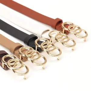 Minimalistische leren damesriemen in 5 kleuren met gouden gespen met drievoudige ring