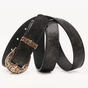 Ceinture vintage en cuir noir pour femme avec boucle dorée embossée et motifs floraux