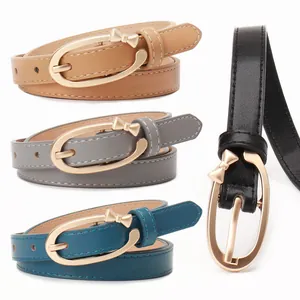 Women's Fashion PU Leather Narrow Belt with Golden Alloy Bow Buckle Elegant Sweet Decorative Waist Strap for Jeans Dresses