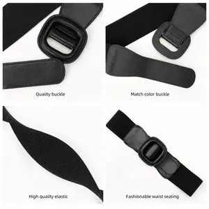 Fashionable black wide elastic waist belt with square buckle for women dresses and blazers