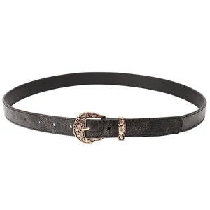 Ceinture femme vintage en similicuir noir avec boucle dorée ornée et design en fer à cheval