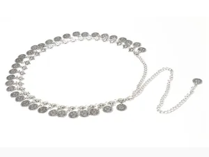 Detail view of Bohemian silver metal waist chain with vintage coin charms and lobster clasp