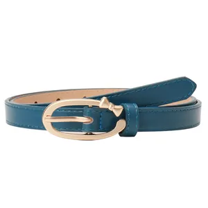 Women's slim PU leather belt in dark teal featuring a golden alloy bow buckle design