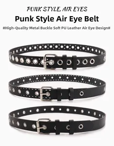 Détail de trois ceintures punk en cuir PU noir avec design à œillets métalliques évidés