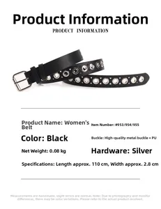 Détail de la ceinture en PU noir style punk avec œillets argentés et boucle métal