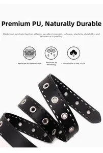Détail de la texture de ceinture en similicuir noir avec des œillets métalliques