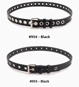 Détail de ceintures punk en cuir PU noir avec œillets argentés et boucles métalliques