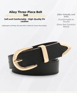Close-up of black PU leather belt with three-piece golden alloy buckle set and metal tip
