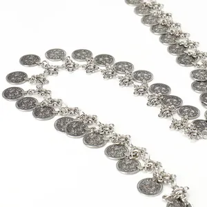 Bohemian silver coin belt with vintage ethnic metal pendants for dresses and outfits