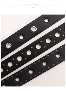 Détail de ceintures en similicuir noir avec œillets métalliques et découpes creuses