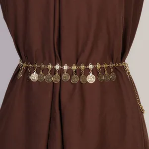 Bohemian gold metal waist chain with vintage coins and hollow floral pendants