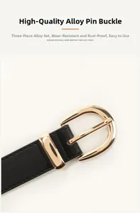 Close-up of golden alloy buckle and textured leather belt with minimalist three-piece set design