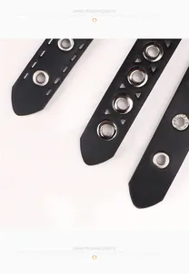 Détail de trois ceintures en cuir noir avec œillets métalliques et motifs ajourés
