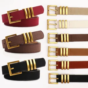 Vintage Women Suede Faux Leather Belt With Gold Alloy Pin Buckle Solid Color Decorative Waist Strap For Jeans Pants