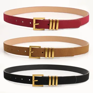 Retro suede waist belts for women with gold square buckles in red, brown and black
