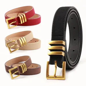 Women's vintage suede belts with gold buckle available in red, beige, brown, and black