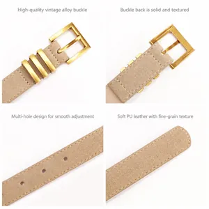 Retro suede PU leather belt with golden square buckle and adjustable holes for women
