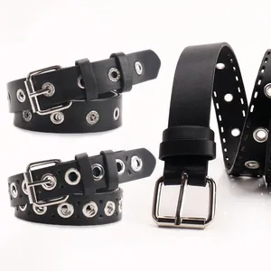 Ceinture Punk Hip Hop en Cuir PU Ajouré Avec Boucle à Double Ardillon en Métal Argenté pour Jeans Sangle de Taille Femme Homme
