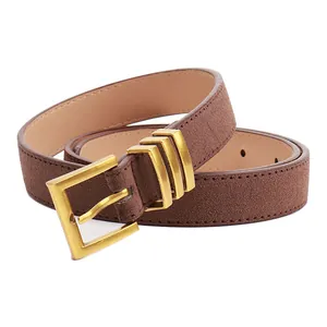 Vintage brown suede belt for women with golden square buckle and minimalist design
