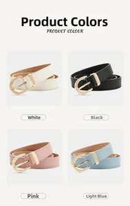 Detail of four thin leather belts in white black pink and blue with gold horseshoe buckles