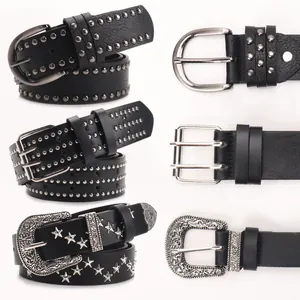Women's Punk Style Rivet Belt Vintage Carved Alloy Buckle Five-Pointed Star Hollow Out PU Leather Waistband For Jeans Streetwear