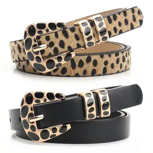 Women Vintage PU Leather Belt With Golden Leopard Print Alloy Pin Buckle Fashion Casual Waistband For Jeans Dresses Ladies Accessory