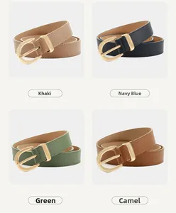 Four leather belts with gold horseshoe buckles in khaki, navy, green, and camel colors