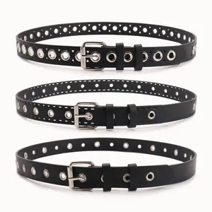 Trois styles de ceintures noires tendance à œillets métalliques et boucles argentées
