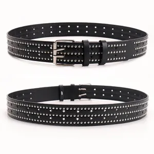 Punk black leather belt with silver triple rivets and star cutouts for women jeans