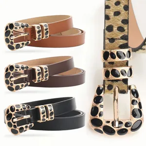 Set of four stylish belts featuring leopard print and solid colors with vintage gold buckles